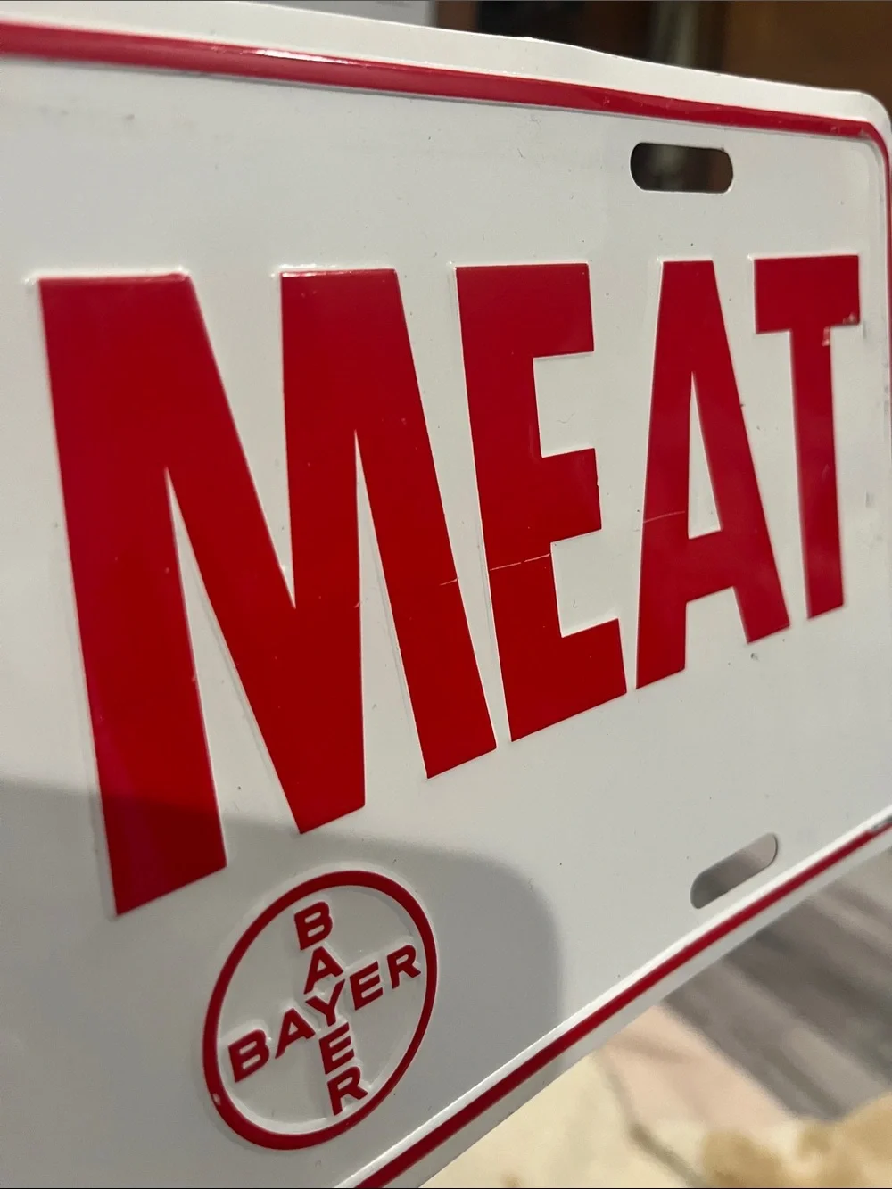 'EAT MEAT' Red & White Metal License Plate Sign